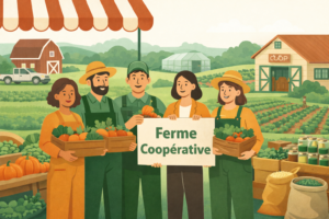 Ferme coopérative au milieu des champs