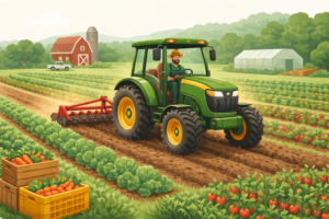 Tracteur et récoltes sous le soleil